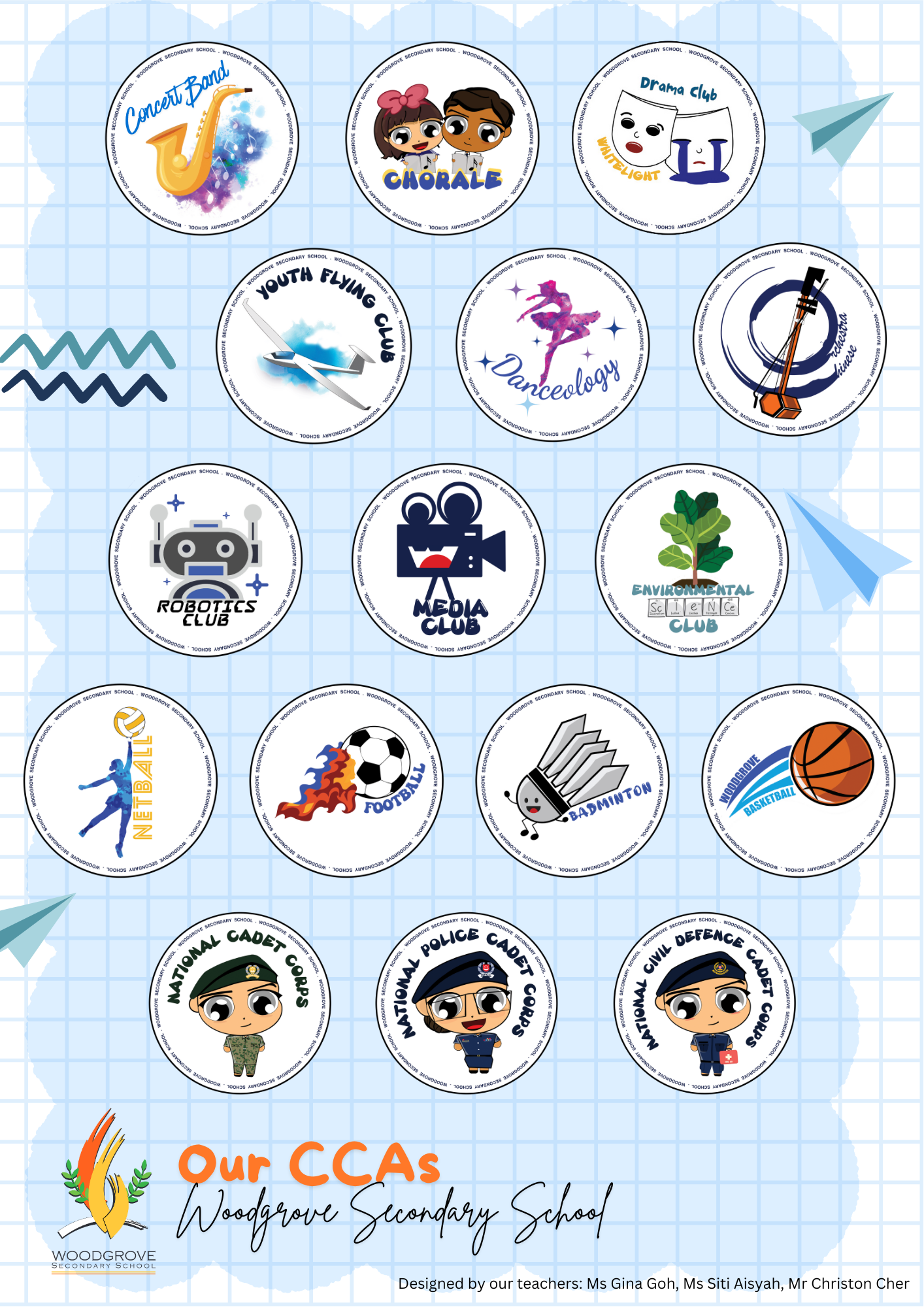 Circular badges for Woodgrove Secondary School CCAs including Concert Band, Chorale, Drama, sports, and cadet clubs.