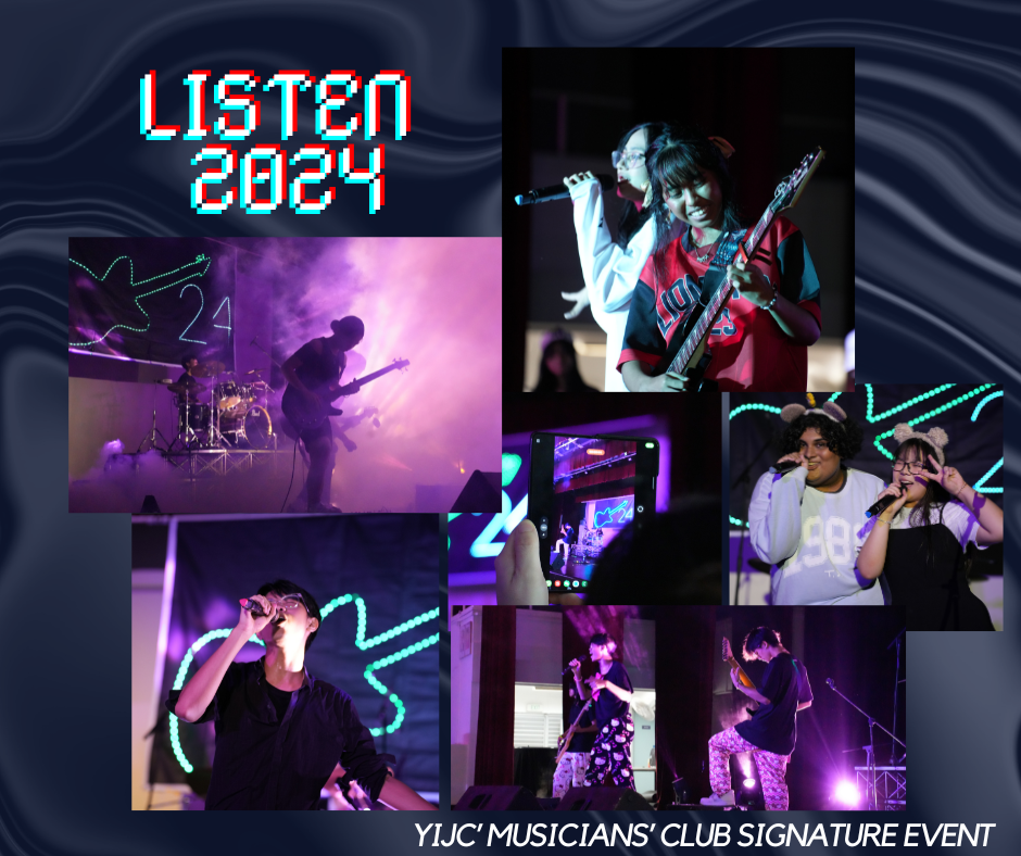Collage of performers at Listen 2024, YIJC Musicians Club event, showing singers and guitarists on a purple-lit stage.