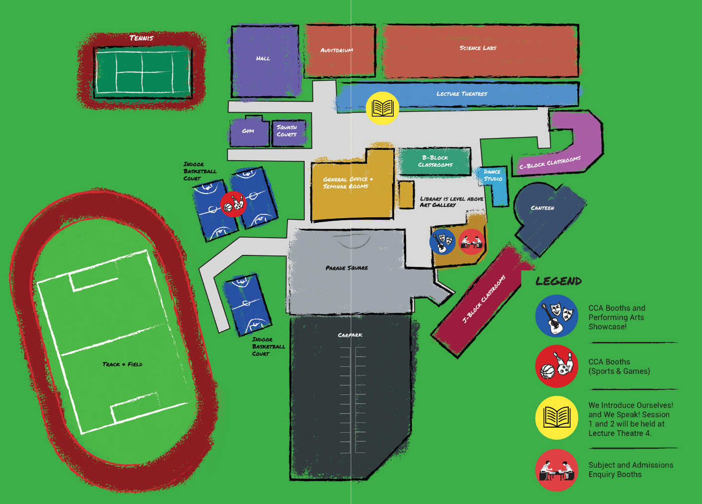 Colorful campus map showing buildings, courts, track and field, carpark, and a legend with event booth locations.