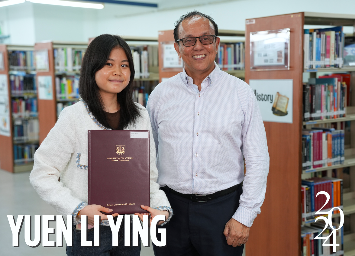 Young woman named Yuen Li Ying holds a school graduation certificate beside a smiling man in a library, 2024.