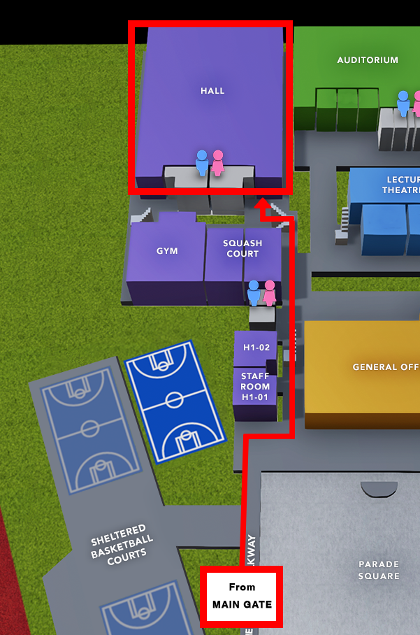 Campus map showing a red route from the Main Gate to the Hall, passing the gym, squash court, and staff room.