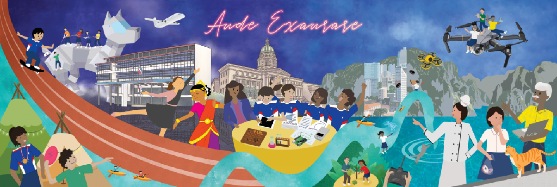 Colorful illustrated banner reading Aude Excaurare showing diverse people dancing, studying, cooking, and playing sports.