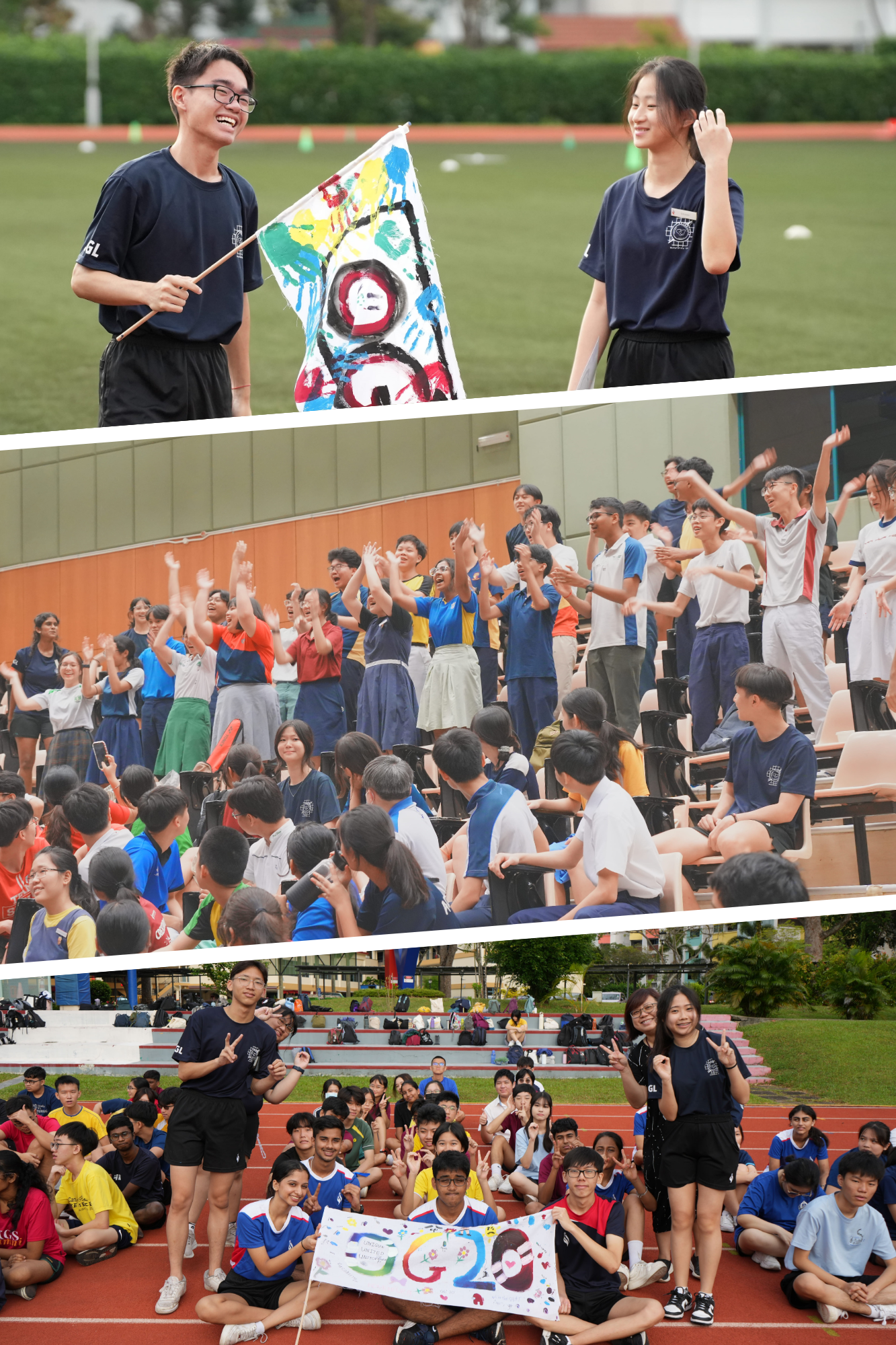 Three scenes of school students at a sports event: holding a painted flag, cheering in stands, and posing on a running track.