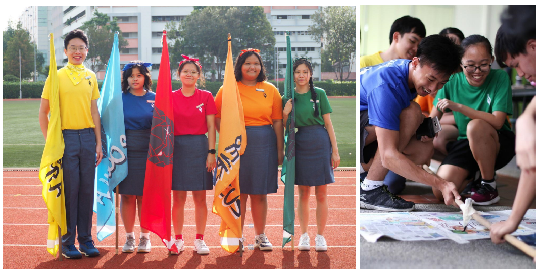 Five college House Captains holding colorful flags on a track, beside a group of teens laughing while working on a floor activity.