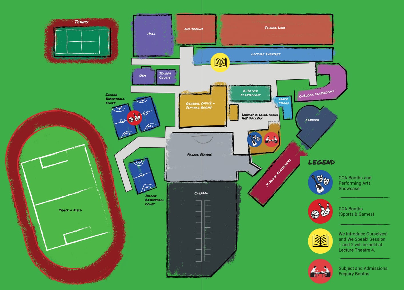 Illustrated campus map showing buildings like auditorium, science labs, classrooms, gym, courts, and a track field with a color legend.