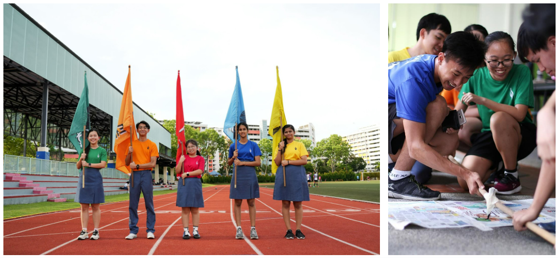Five students hold colorful flags on a track; separately, students in colored shirts work together on a floor activity.