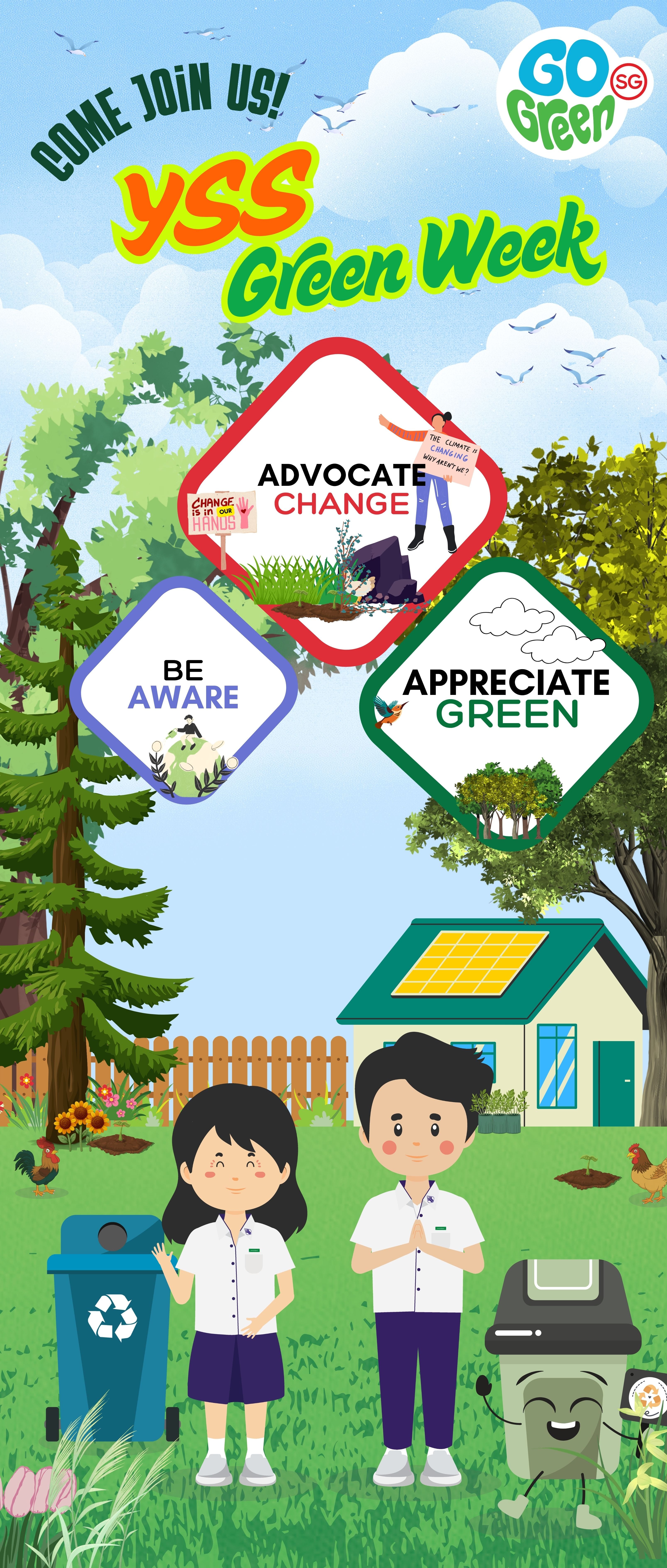 Colorful YSS Green Week poster with cartoon students, recycling bin, solar-panel house, and three eco-themed diamond badges.