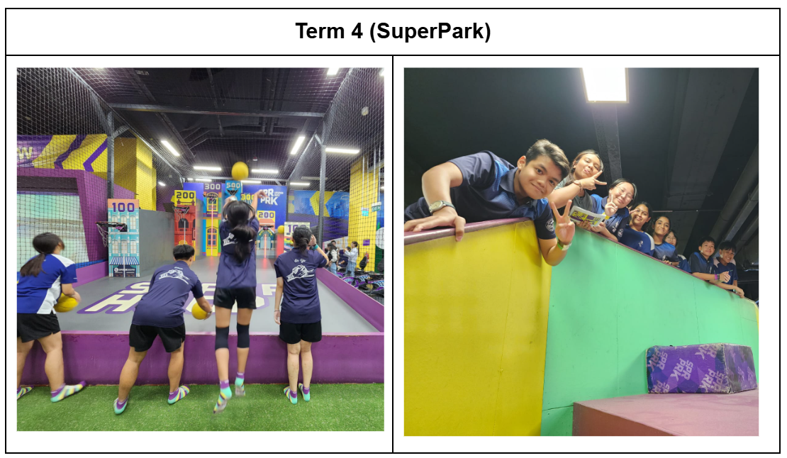 Students in blue shirts play ball games and pose over a colorful wall at an indoor SuperPark activity center.