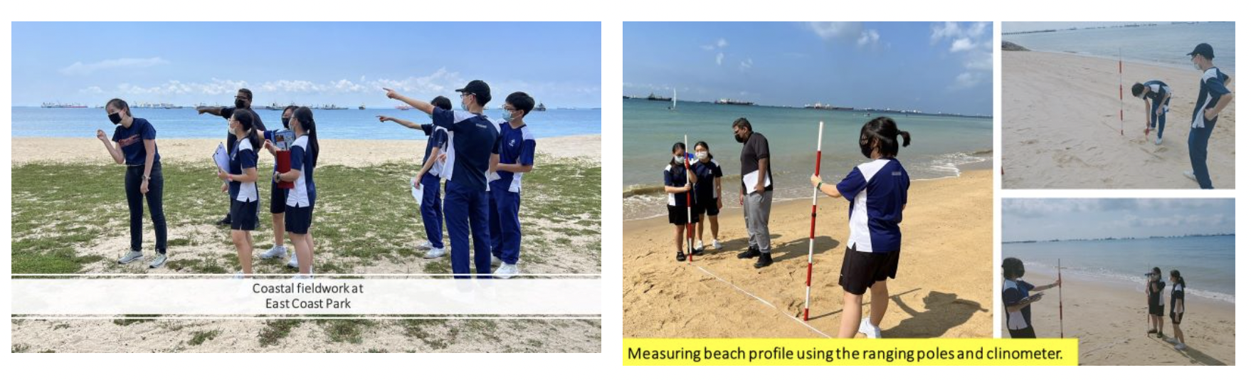 Students in uniforms conduct coastal fieldwork at East Coast Park, measuring beach profiles with ranging poles on sandy shore.