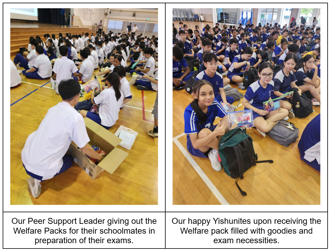 Students in blue and white uniforms sit on a gym floor as a peer leader distributes welfare packs from a cardboard box.