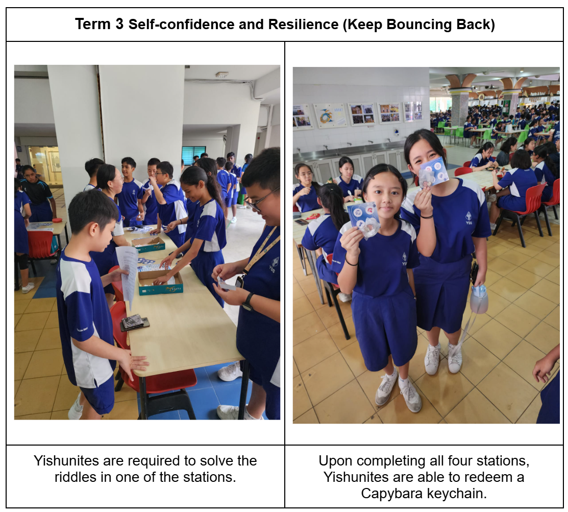 Students in blue uniforms solve riddles at a table, and two girls proudly hold Capybara keychains they redeemed.