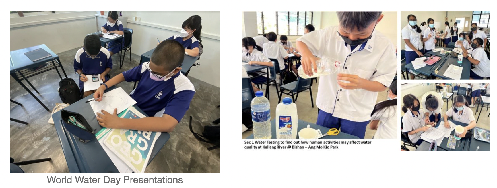 Students in uniforms and masks work on World Water Day presentations and water quality testing activities in a classroom.