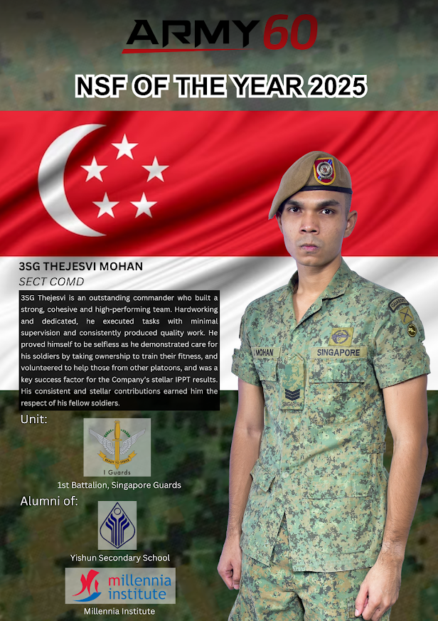 Poster for Army 60 NSF of the Year 2025 featuring Thejesvi Mohan in Singapore military uniform.