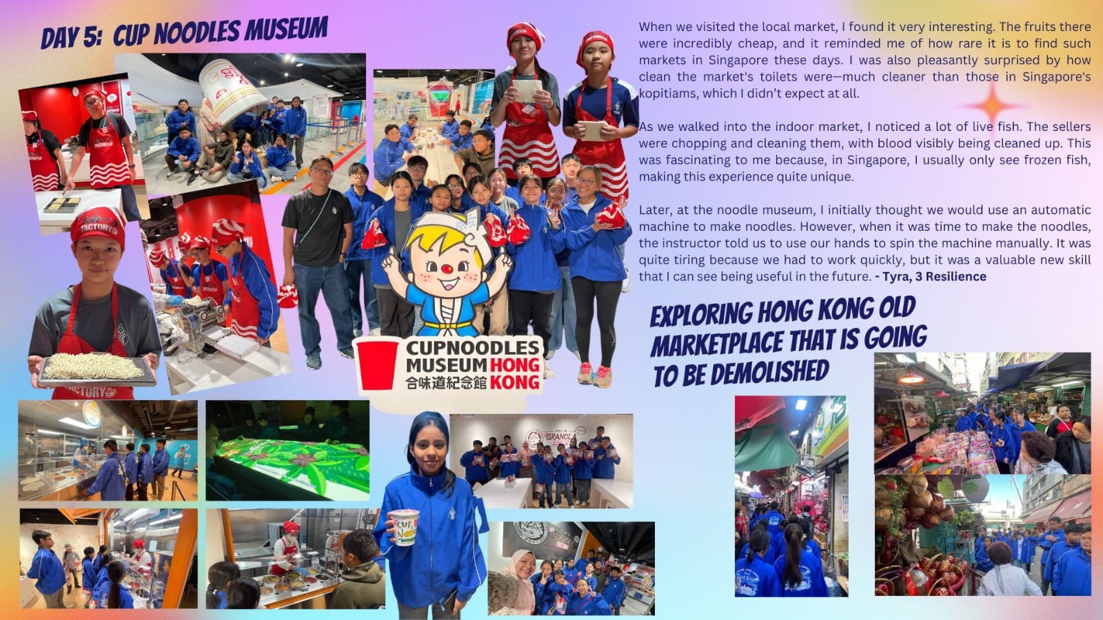 Students in blue jackets visit the Cup Noodles Museum Hong Kong and an old marketplace on Day 5.