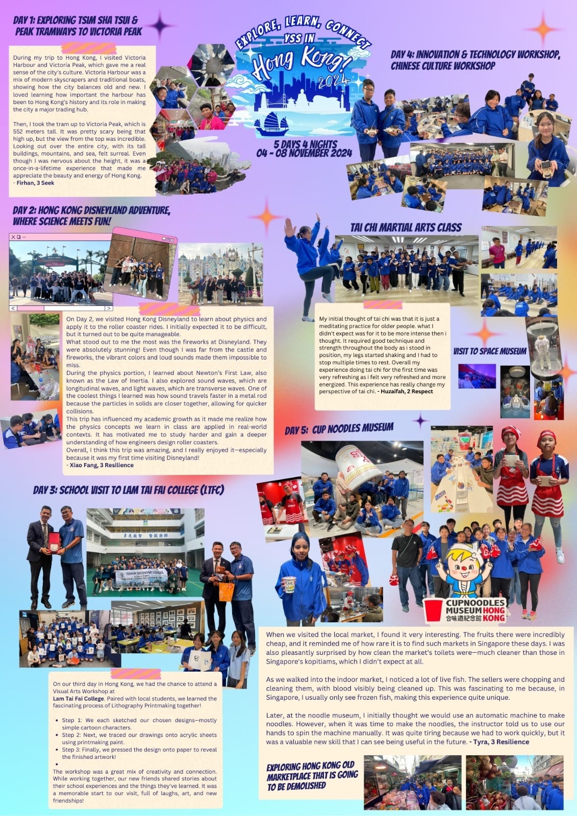 A colorful 5-day Hong Kong student trip newsletter with photos of activities, workshops, and student reflections.