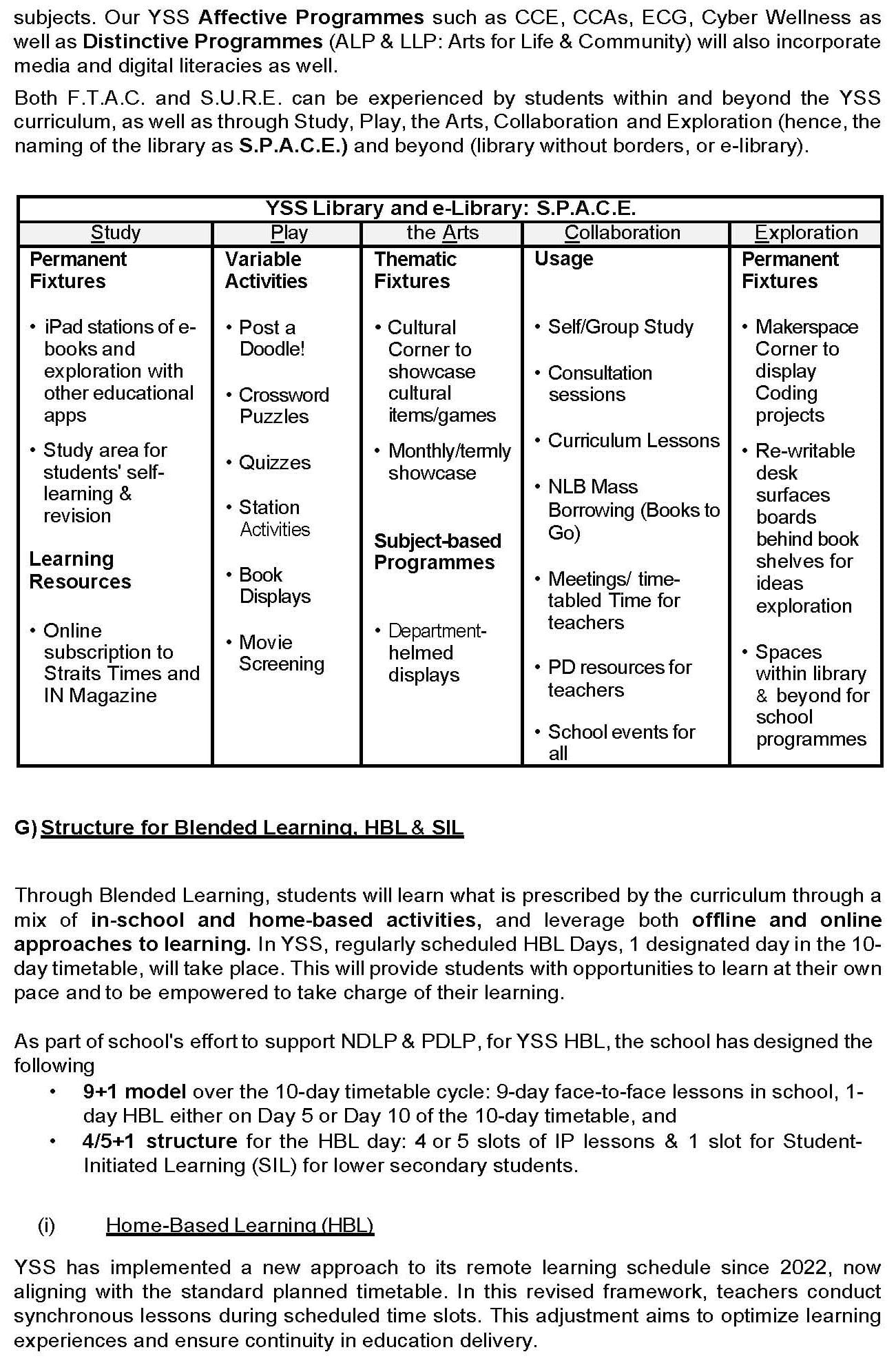 Table showing YSS Library S.P.A.C.E. categories: Study, Play, Arts, Collaboration, and Exploration with listed activities.