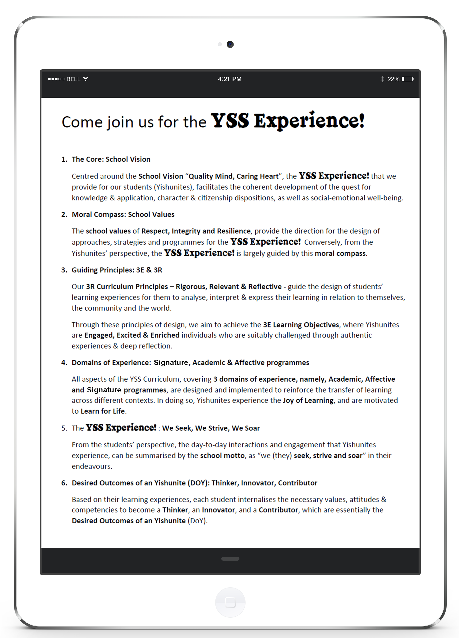 A tablet displaying a document titled "Come join us for the YSS Experience!" with six numbered sections about school vision and values.