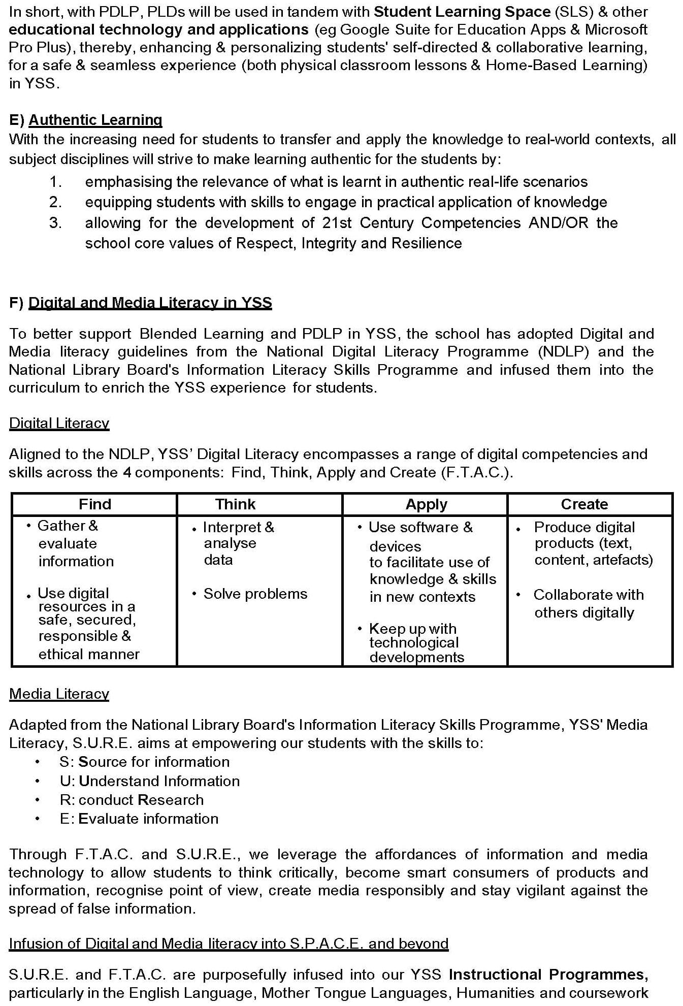Text document describing YSS digital literacy framework with sections on Authentic Learning and a four-column F.T.A.C. table.