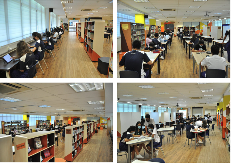 Four photos of a school library showing students in uniforms studying at tables among bookshelves.