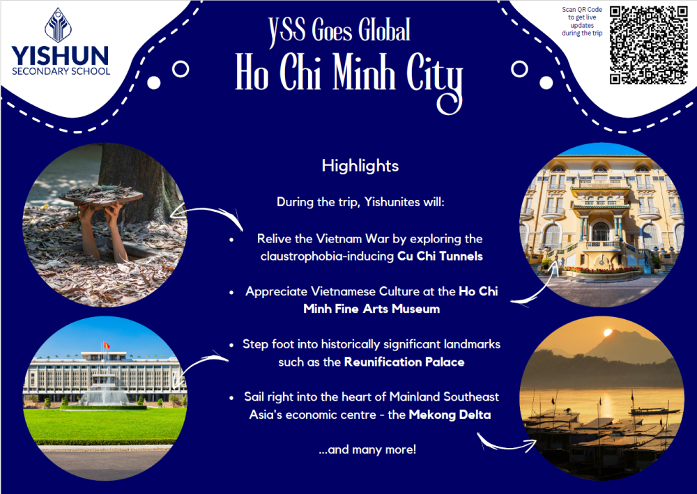 Yishun Secondary School flyer for a Ho Chi Minh City trip highlighting Cu Chi Tunnels, museums, and Mekong Delta.