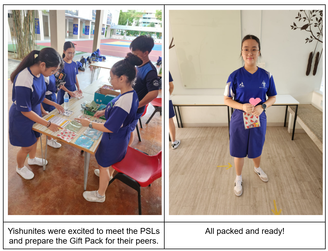 Students in blue uniforms prepare gift packs at a table; one girl smiles holding a pink heart and decorated bag.