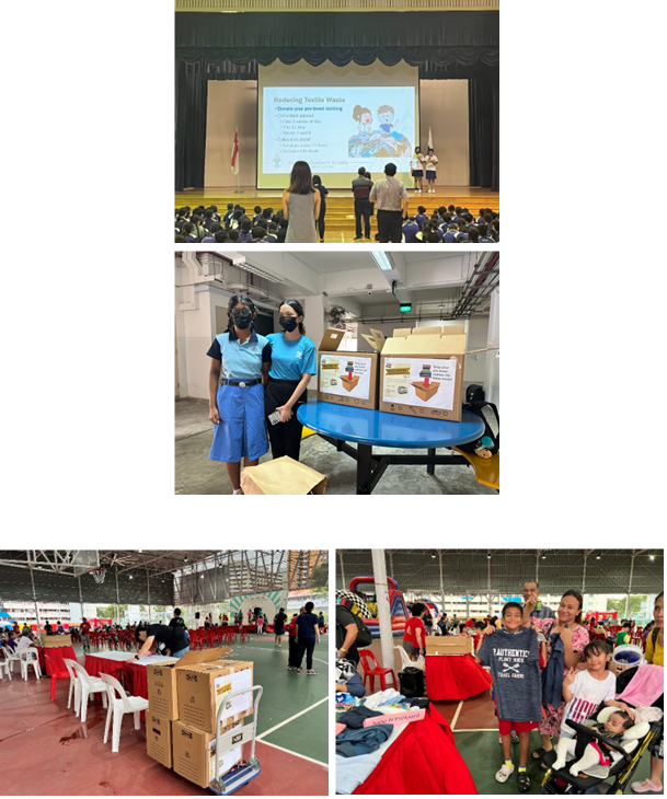 Four photos showing a school textile waste awareness event with presentations, donation boxes, and families collecting clothes.