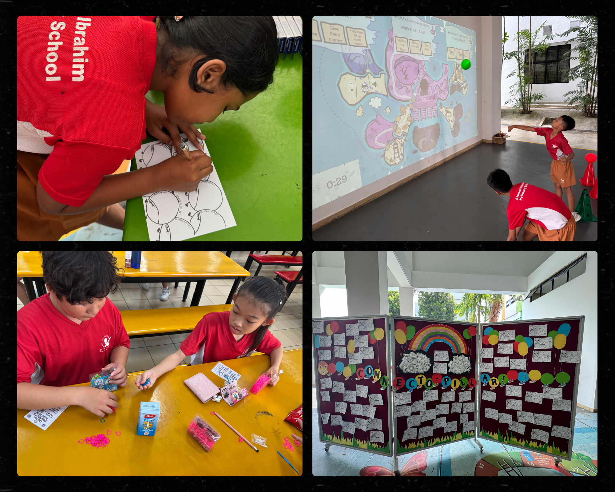 Collage of students doing worksheets, an interactive game, crafts, and a display board.