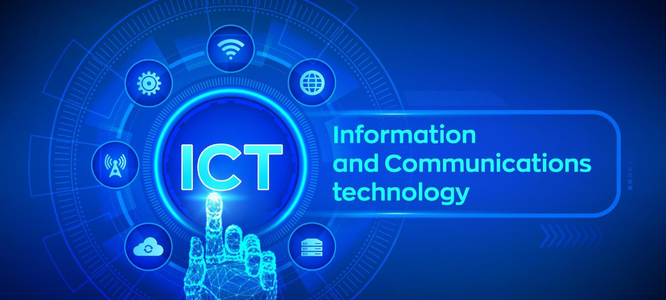 Dark blue graphic with the words 'ICT — Information and Communication Technology', featuring digital icons including Wi-Fi, a globe, a padlock, and a hand touching a screen.