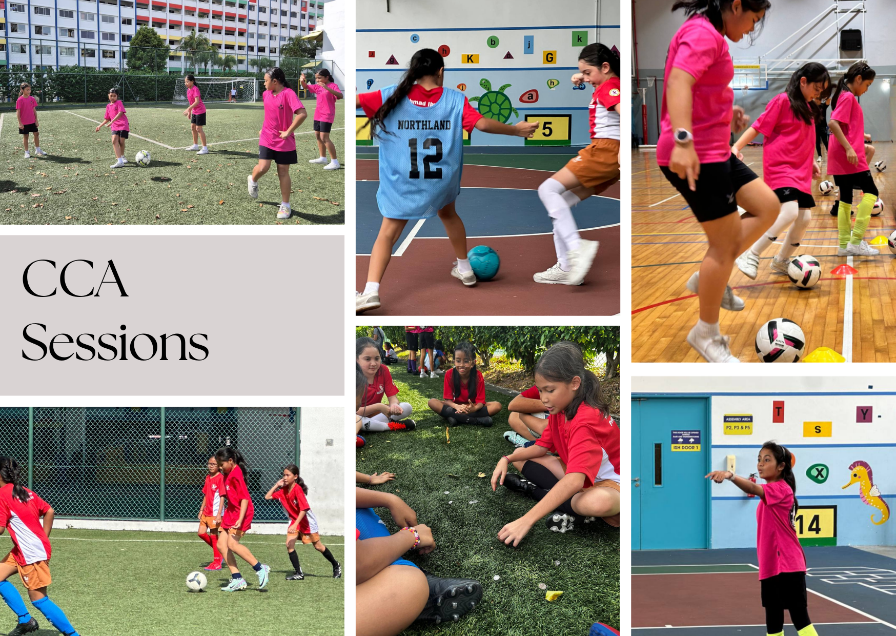 Collage titled "CCA Sessions" showing students playing football and doing drills.