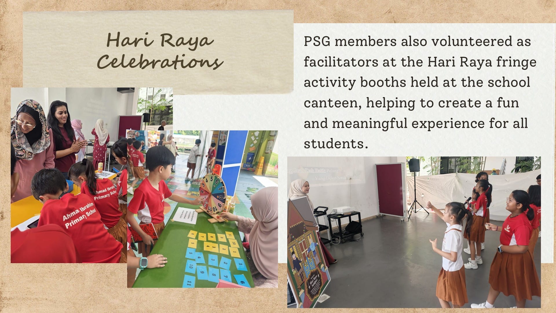 Students in red uniforms participate in Hari Raya Celebrations activity booths with adult facilitators at school.