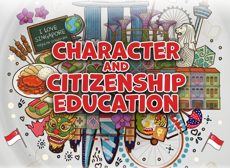 Colourful collage illustration with the words 'Character and Citizenship Education' in red, featuring Singapore icons such as the Merlion, HDB flats, hawker food, flowers, and Singapore flags.