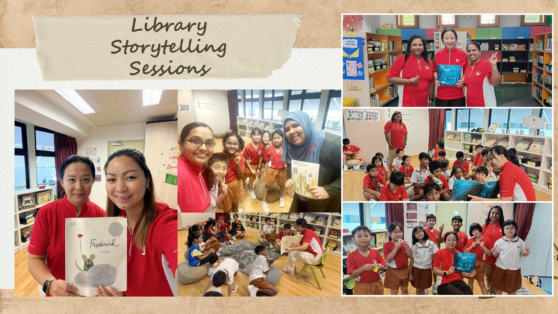 Collage of teachers and young students in red uniforms during library storytelling sessions with picture books.