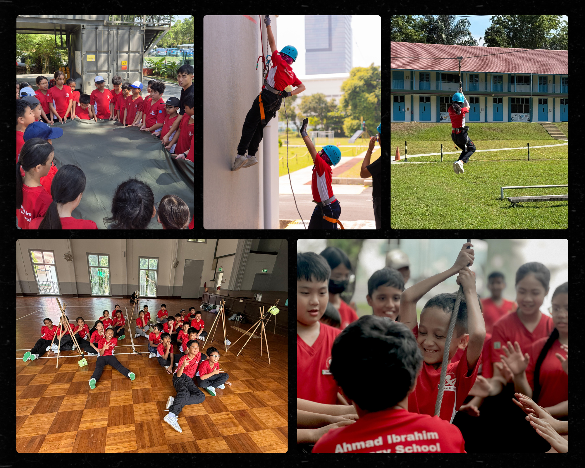 Collage of students at camp: raft building, wall climbing, zip line, and rope activities.