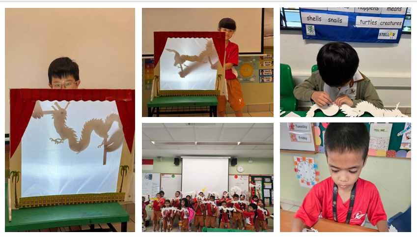 Five photos of young students making and performing dragon shadow puppet shows in a classroom setting.