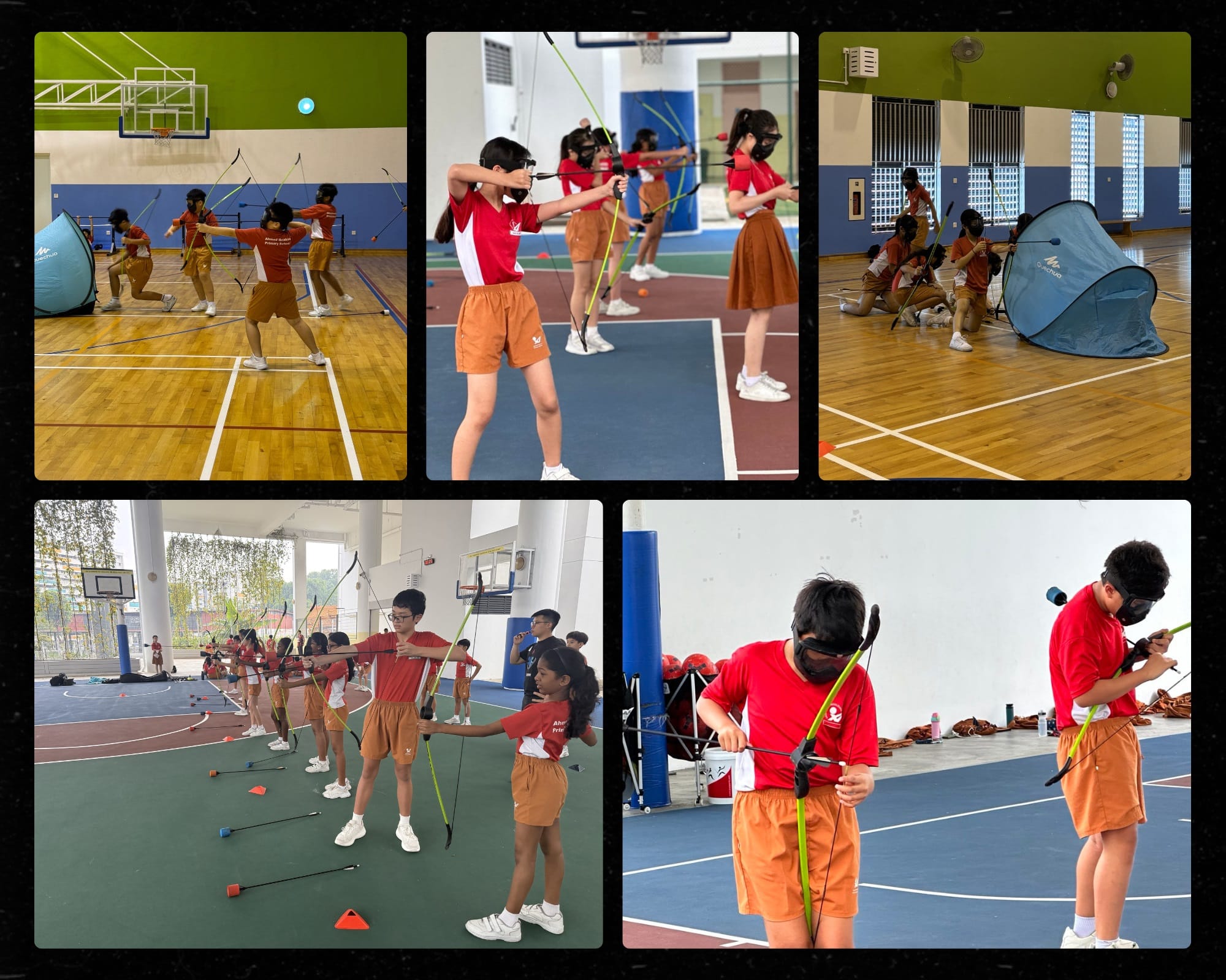 Children in red and orange uniforms practice archery with bows indoors across five photo collage panels.