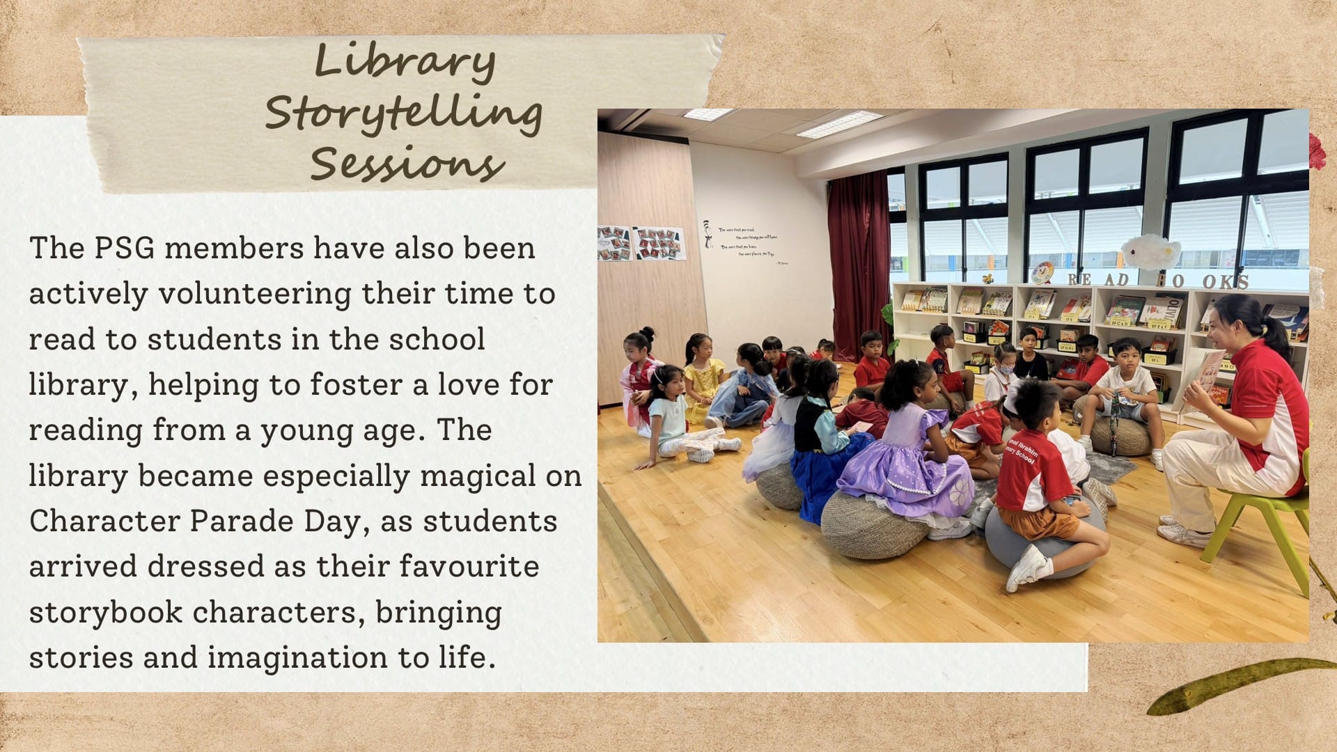 A woman reads to children in costumes seated on cushions in a school library with bookshelves behind them.