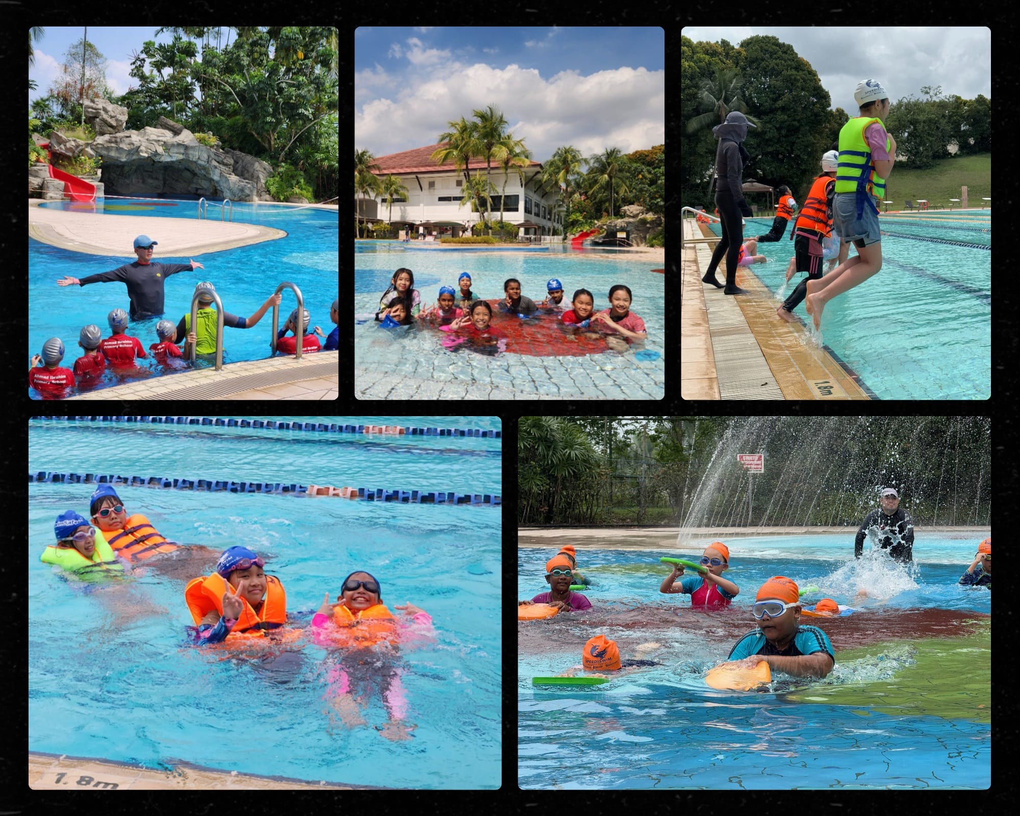 Five photos of children in swim caps and life jackets learning to swim in outdoor pools with instructors.
