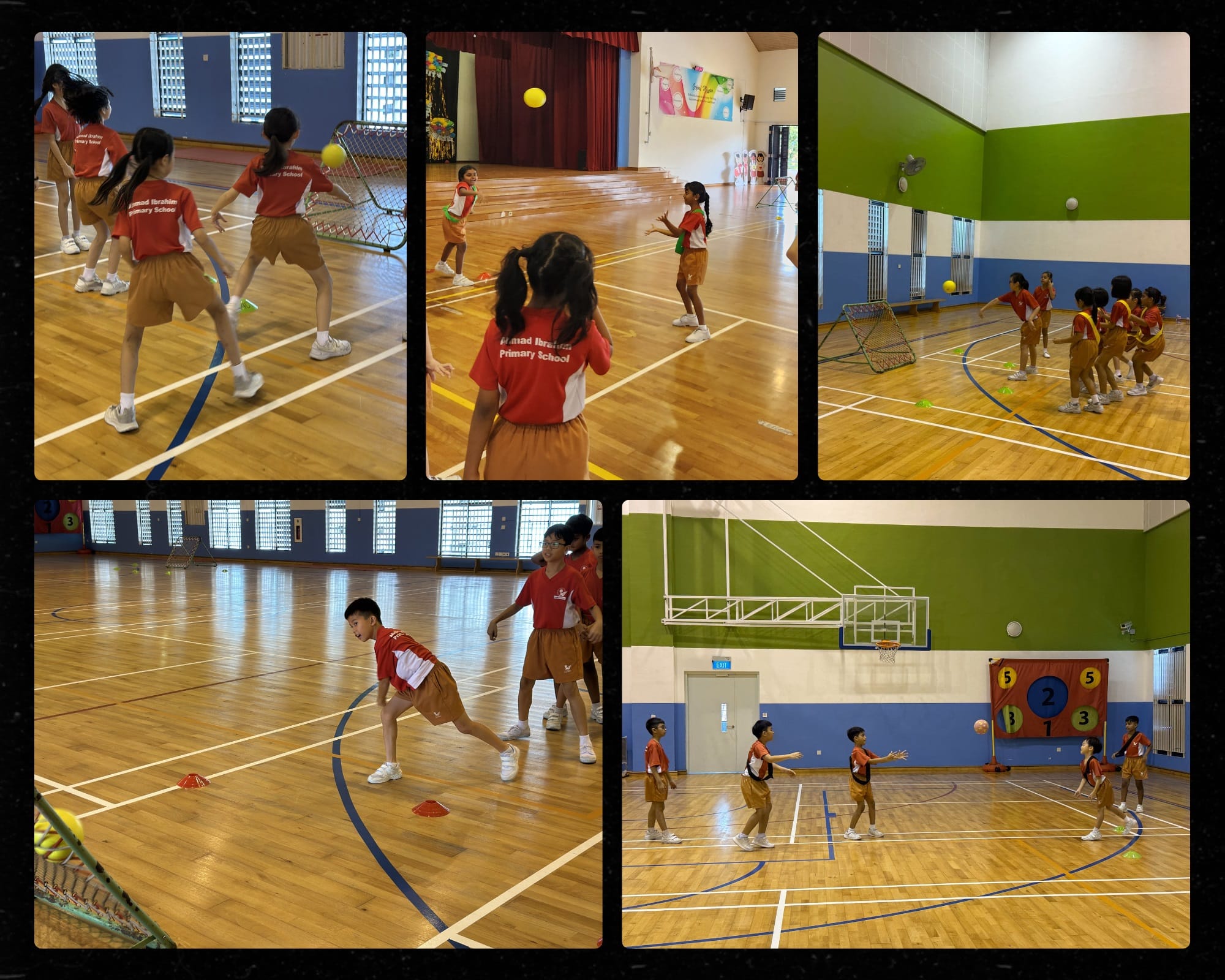 Five photos of primary school children in red uniforms doing ball drills and running activities in an indoor gym.