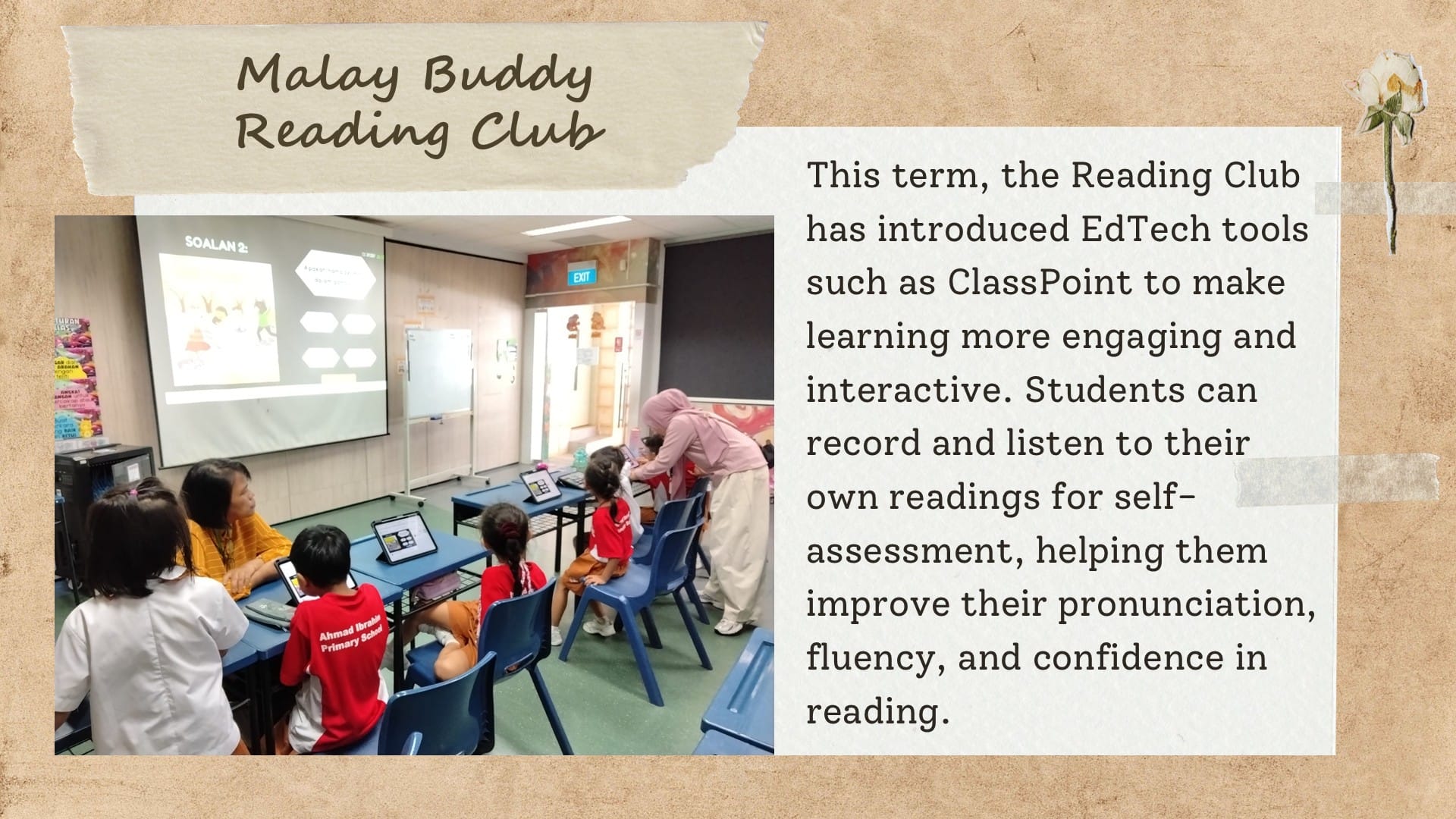 Flyer for Malay Buddy Reading Club showing children using tablets in a classroom with a projected screen.
