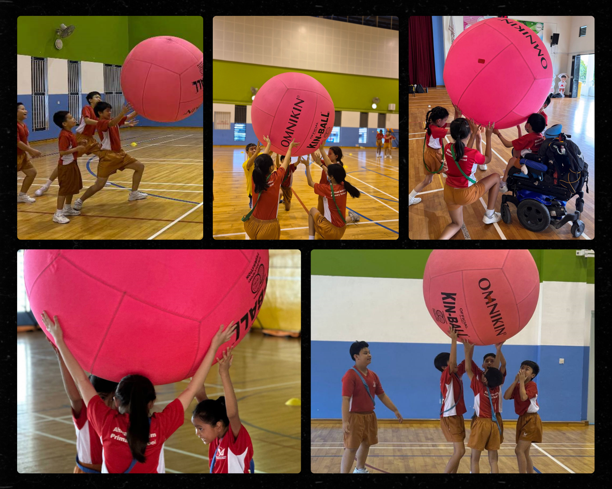 Children in a school gym playing with a large pink Omnikin Kin-Ball, including a child in a wheelchair.