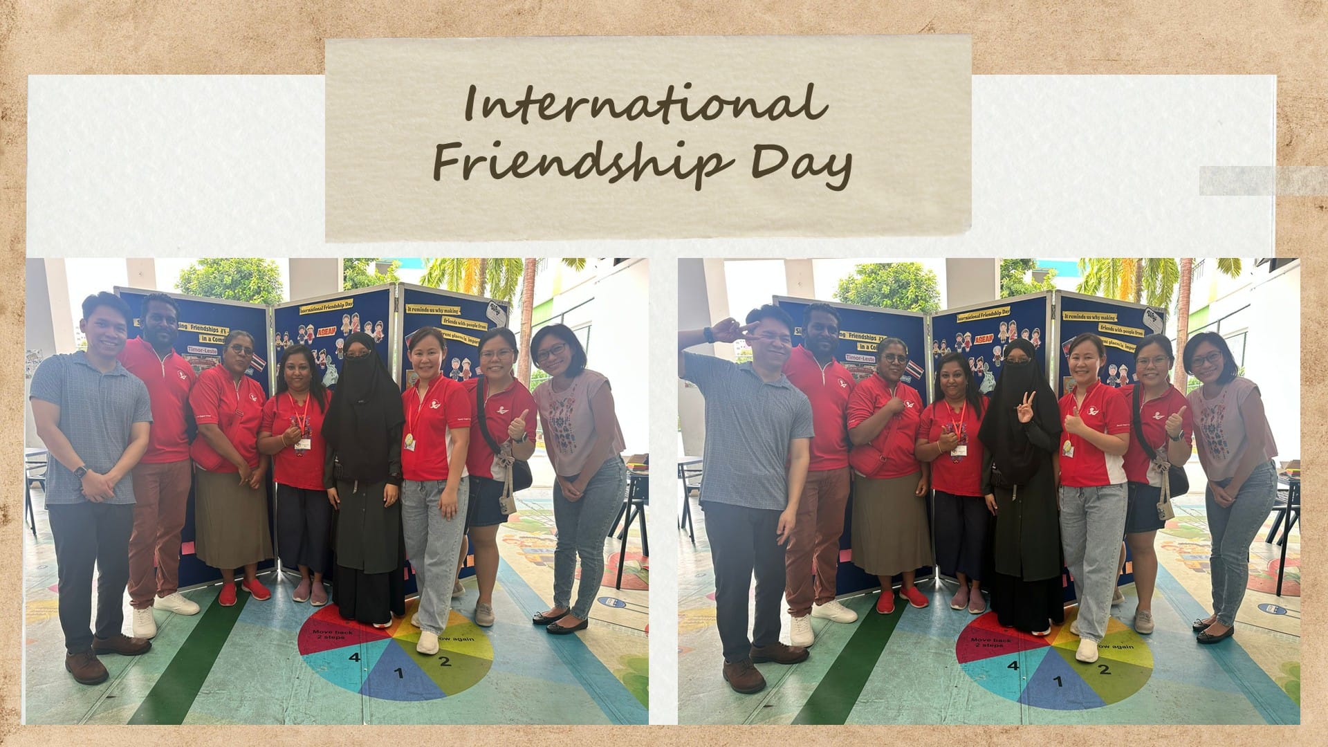 Two side-by-side photos of a diverse group posing before an International Friendship Day display board outdoors.