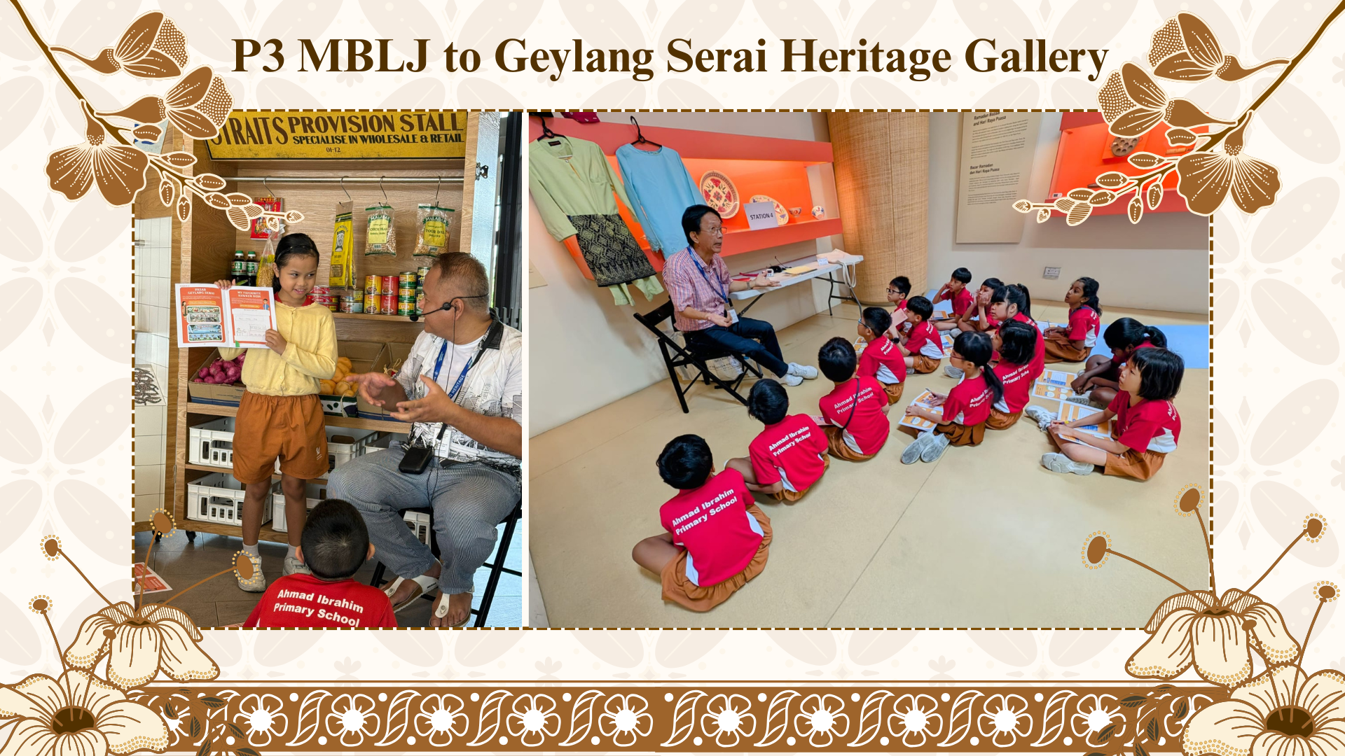 Primary school students in red uniforms visit Geylang Serai Heritage Gallery, listening to a guide and exploring exhibits.