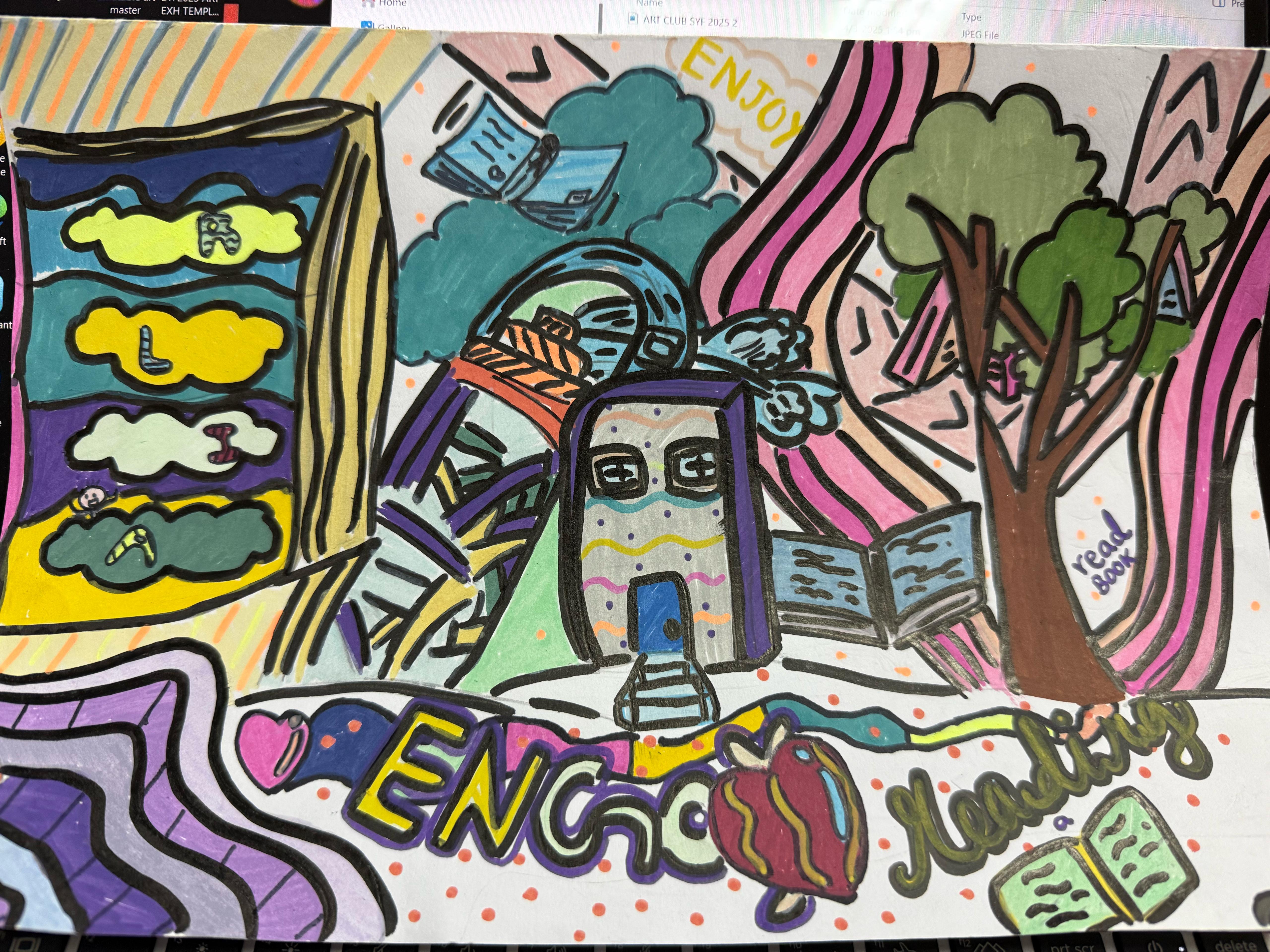 Colorful marker drawing with a house, tree, flying books, and text reading "Enjoy" and "Encourage Reading."