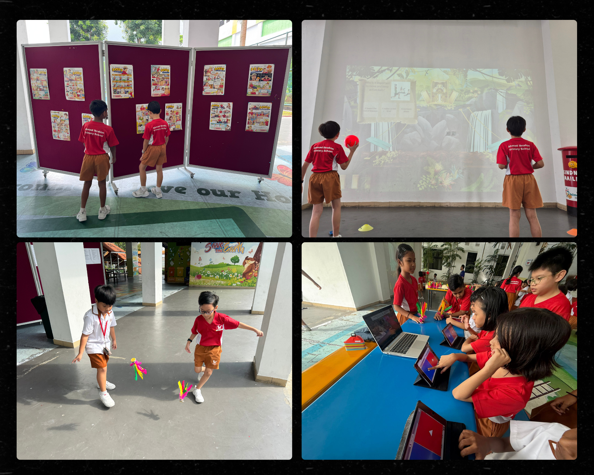 Four scenes of primary school children in red uniforms doing activities: viewing displays, watching a projection, playing, and using tablets.