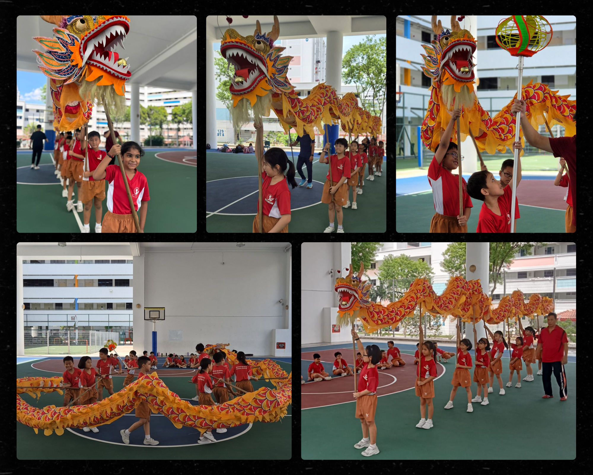 Children in red uniforms perform a traditional Chinese dragon dance with a long orange dragon on a school court.