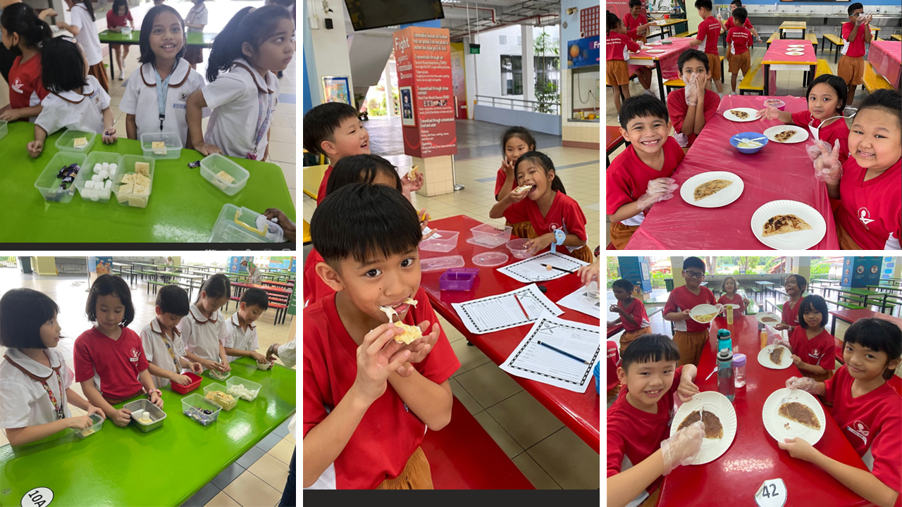 Young students in red and white uniforms eating and preparing food at colorful tables in a school cafeteria.