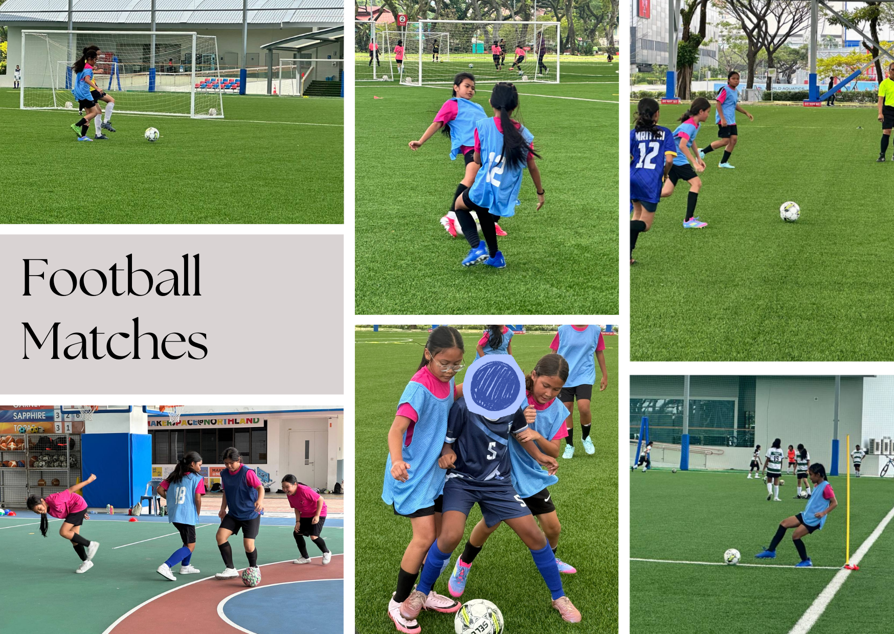 Collage titled "Football Matches" showing girls playing football on various pitches.