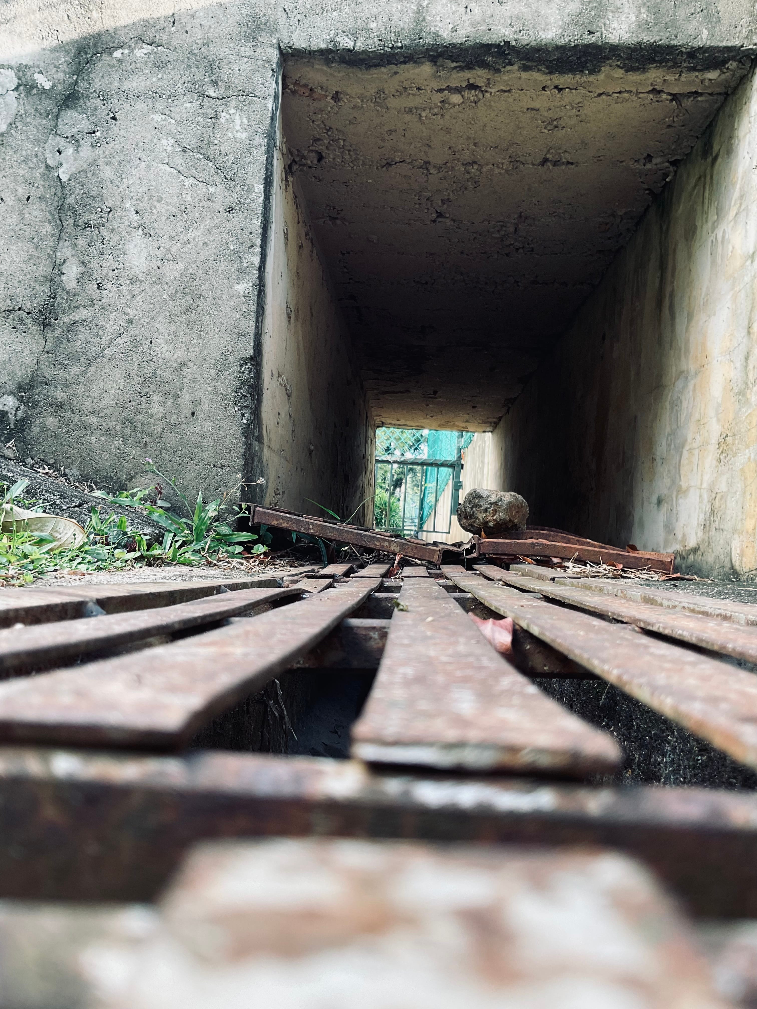 Rusty abandoned rail tracks pass through a narrow concrete tunnel with crumbling walls and weeds growing along the sides.