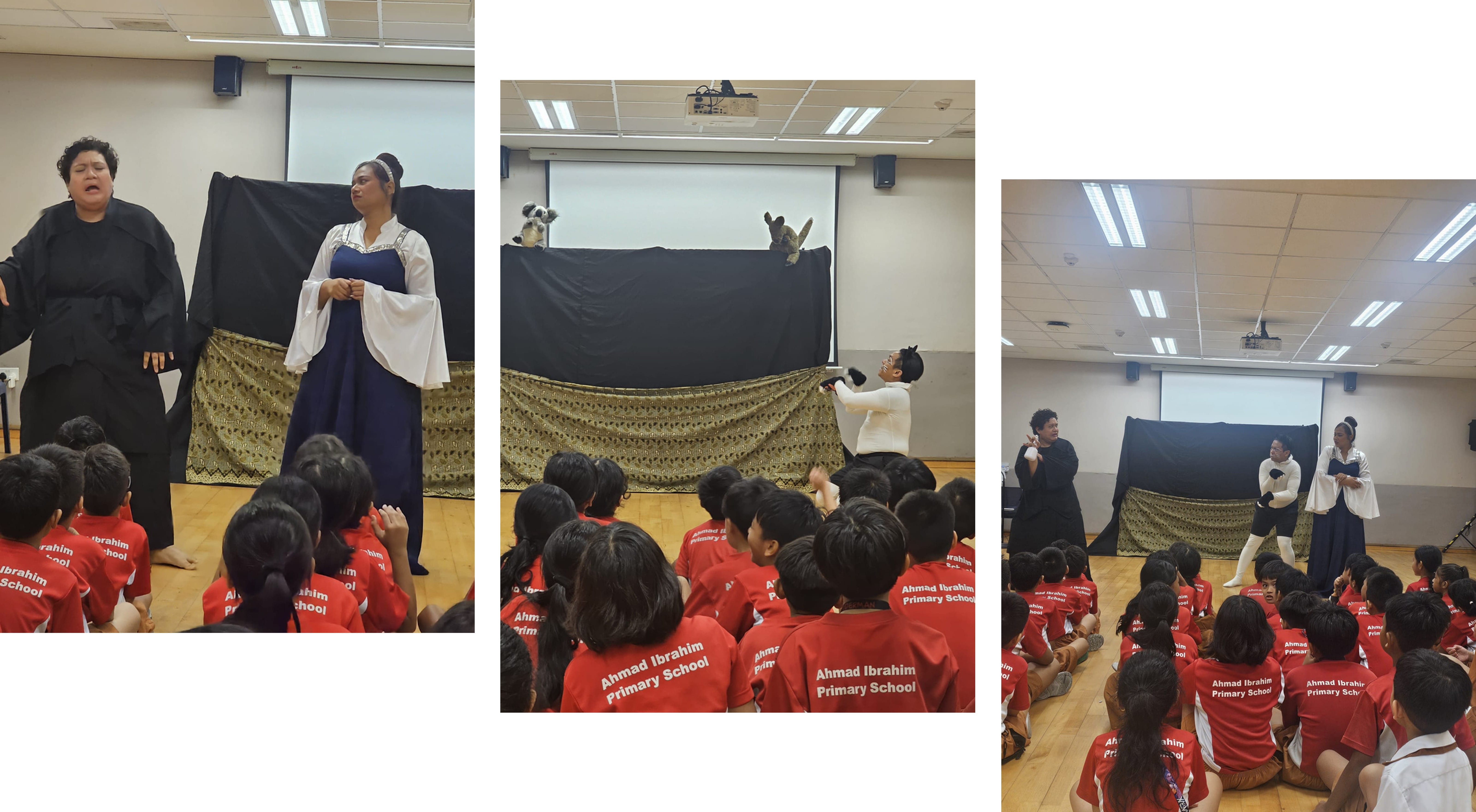 Performers in costumes do a puppet show for Ahmad Ibrahim Primary School students seated on a hall floor.