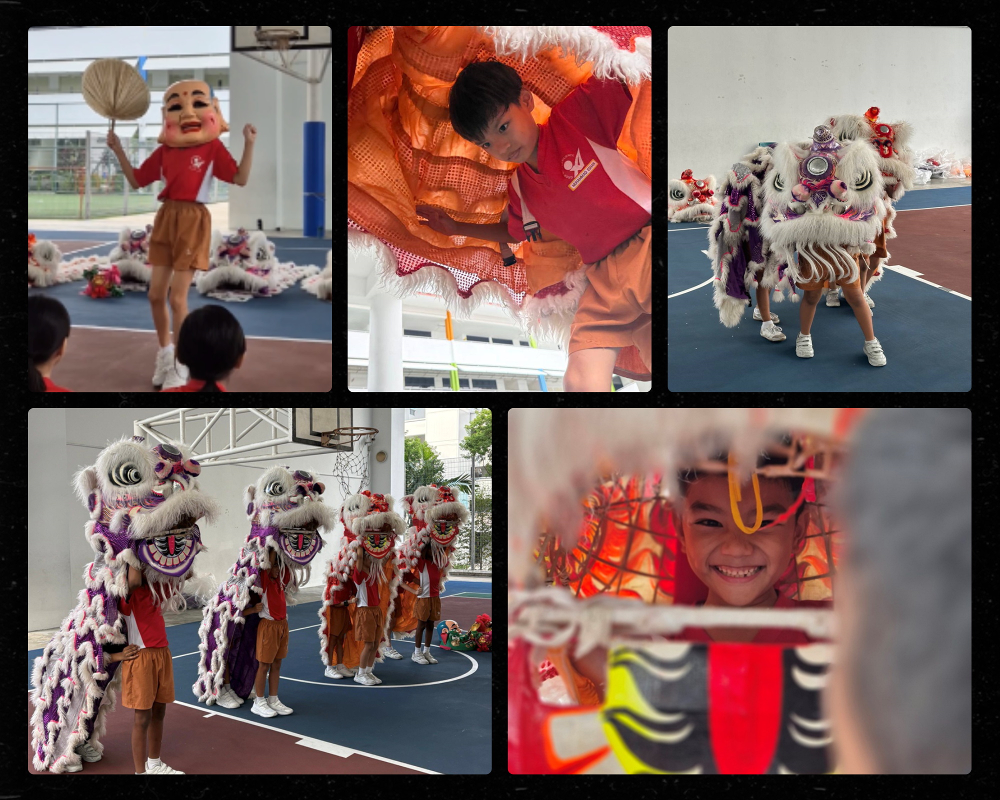 Children performing traditional Chinese lion dance on a basketball court, wearing colorful costumes and holding lion heads.